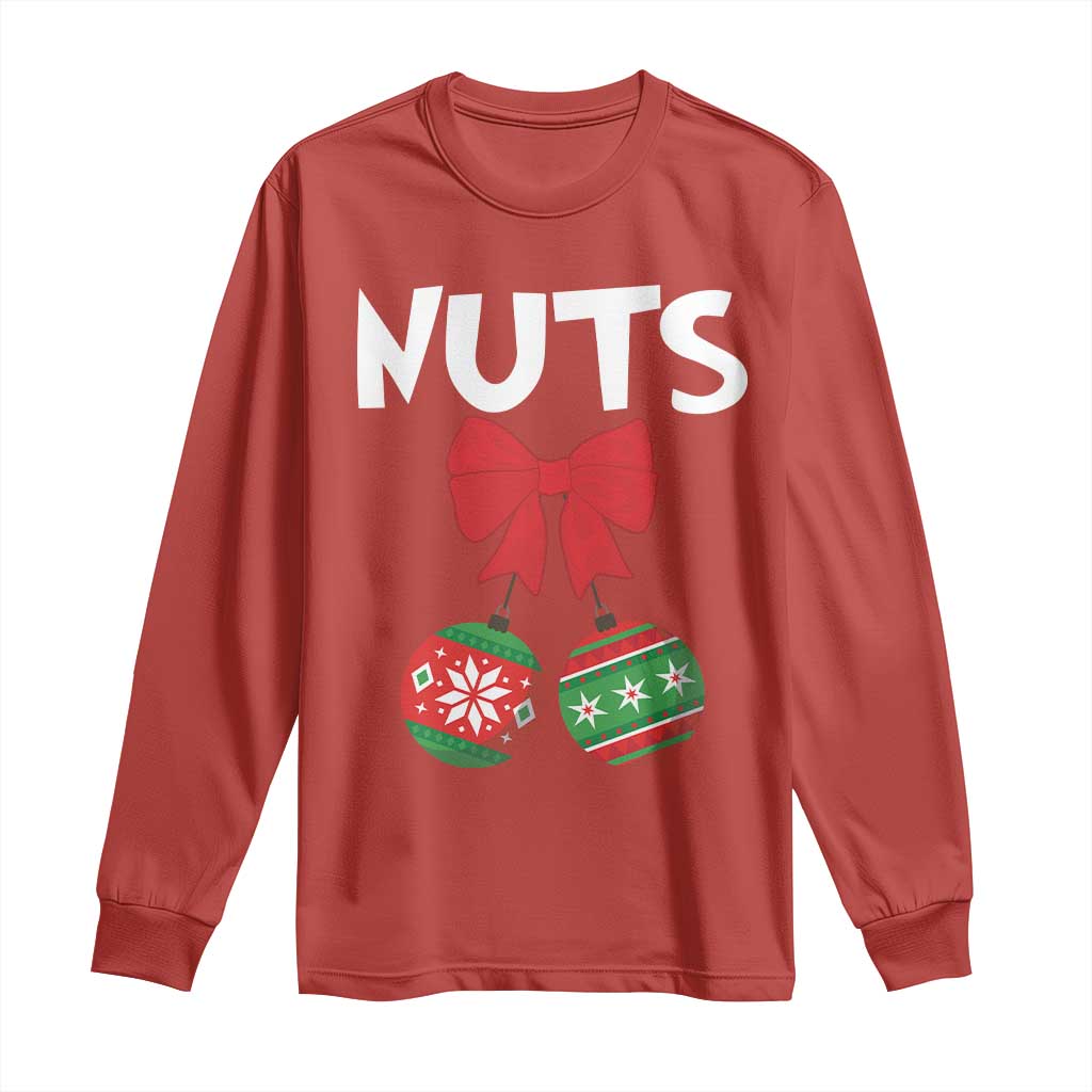 Red long-sleeve T-shirt with “NUTS” text and Christmas nut-and-bauble graphic