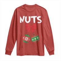Red long-sleeve T-shirt with “NUTS” text and Christmas nut-and-bauble graphic