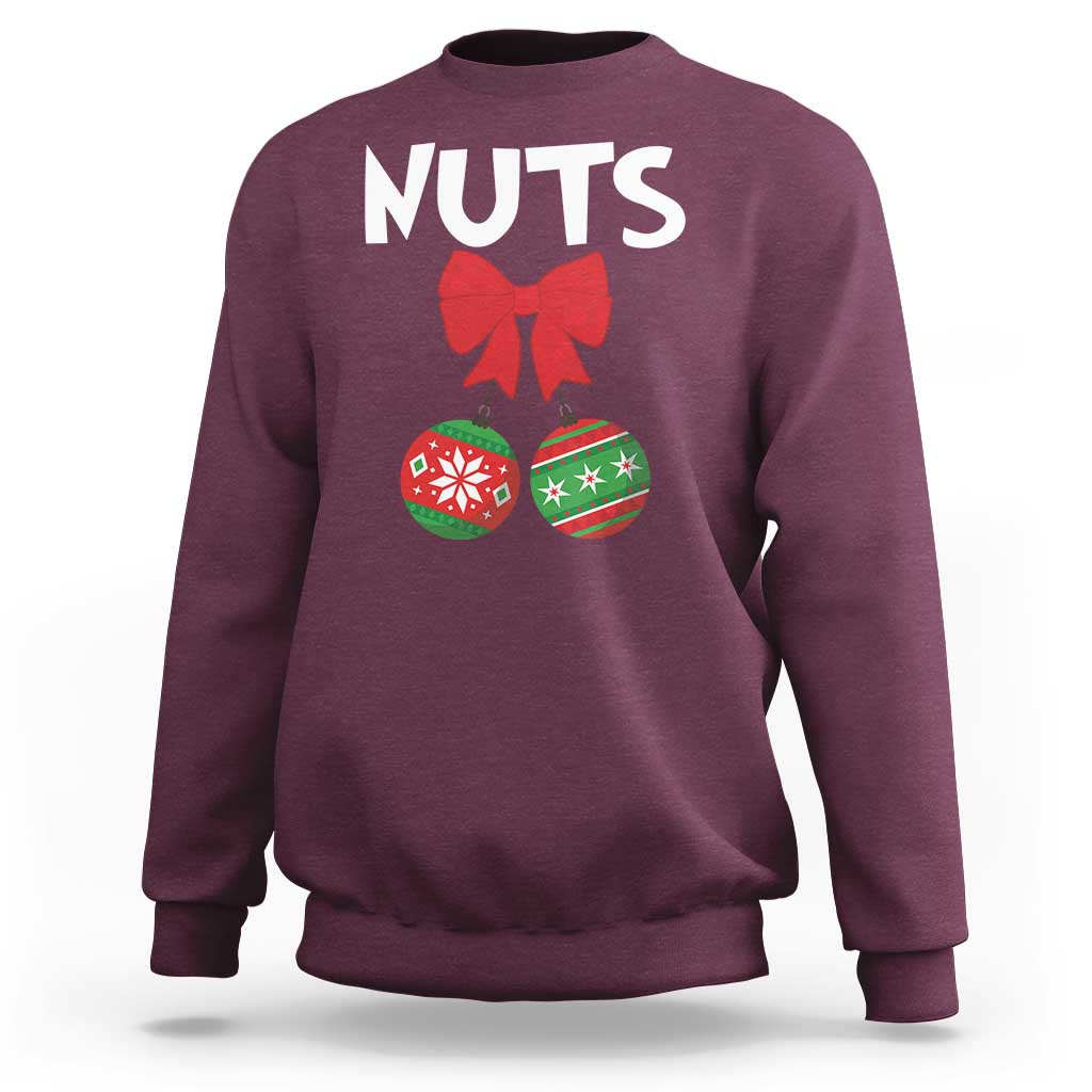 Maroon crewneck sweatshirt with 'NUTS' graphic and bow-tie chest print.