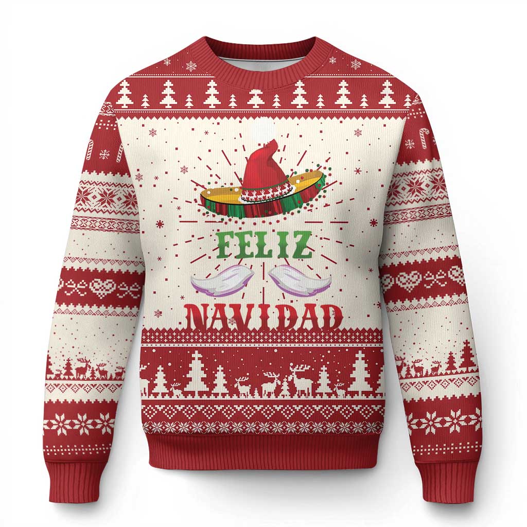 Red and cream ugly Christmas sweater with Feliz Navidad text and sombrero graphic