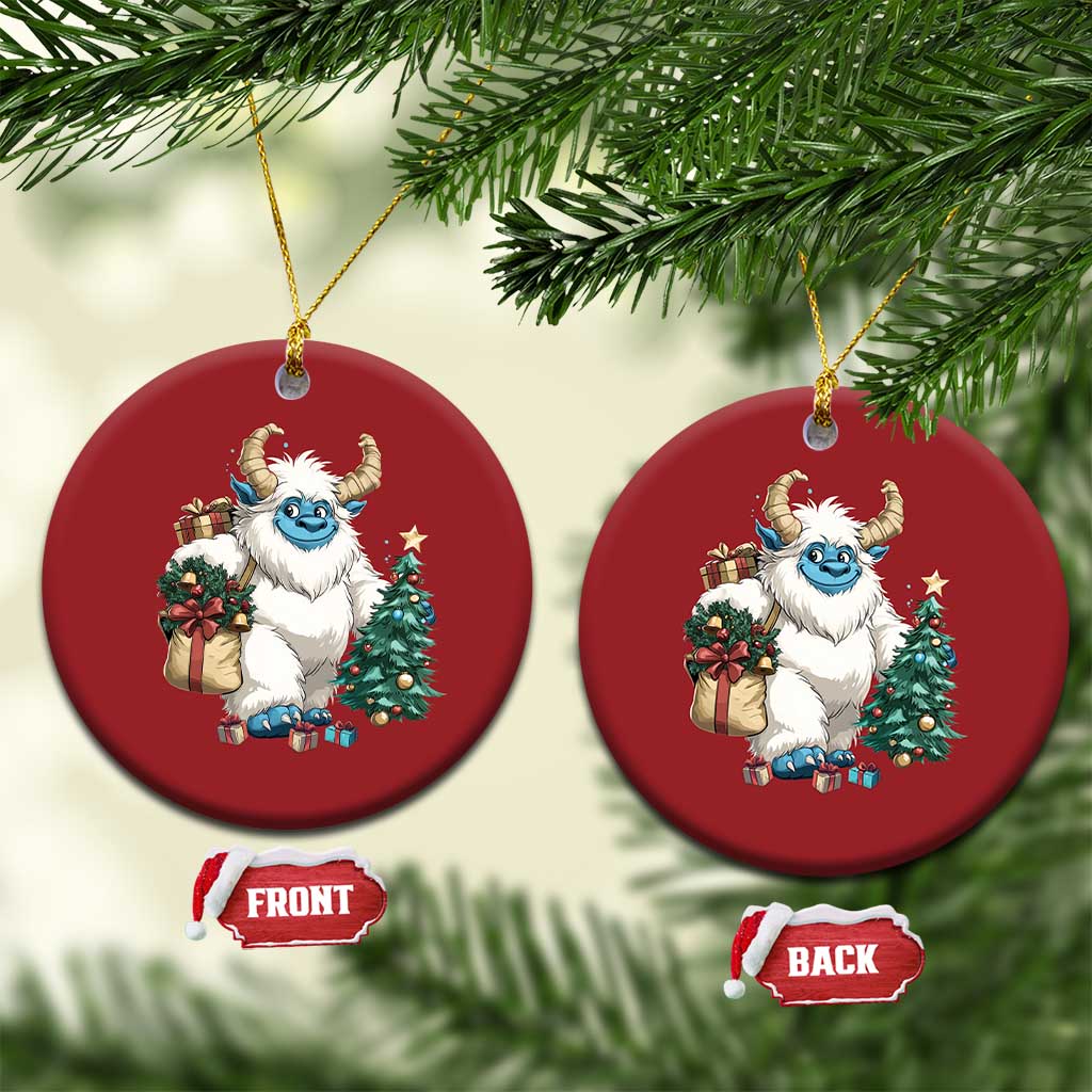 Set of two red round yeti Christmas ornaments with gift and tree, with FRONT and BACK tags