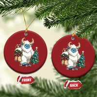 Set of two red round yeti Christmas ornaments with gift and tree, with FRONT and BACK tags