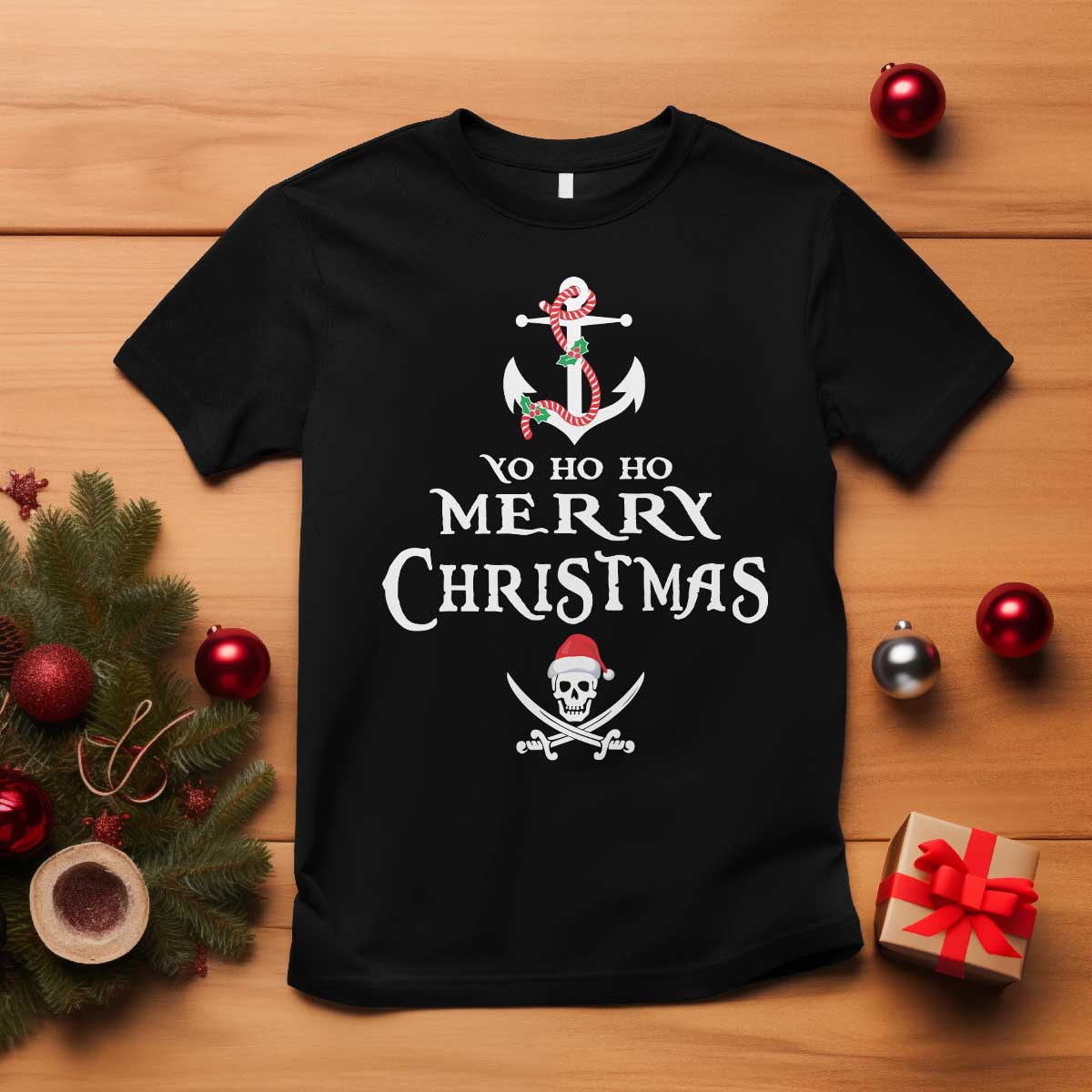 Funny Christmas Pirate T Shirt Yo Ho Ho Merry Christmas Anchor Santa Skull - Wonder Print Shop