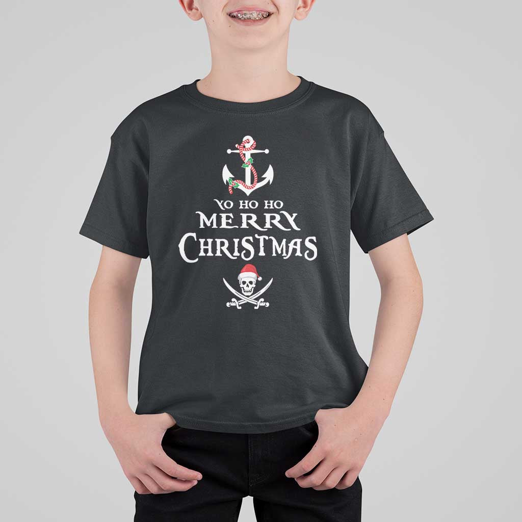 Funny Christmas Pirate T Shirt For Kid Yo Ho Ho Merry Christmas Anchor Santa Skull - Wonder Print Shop