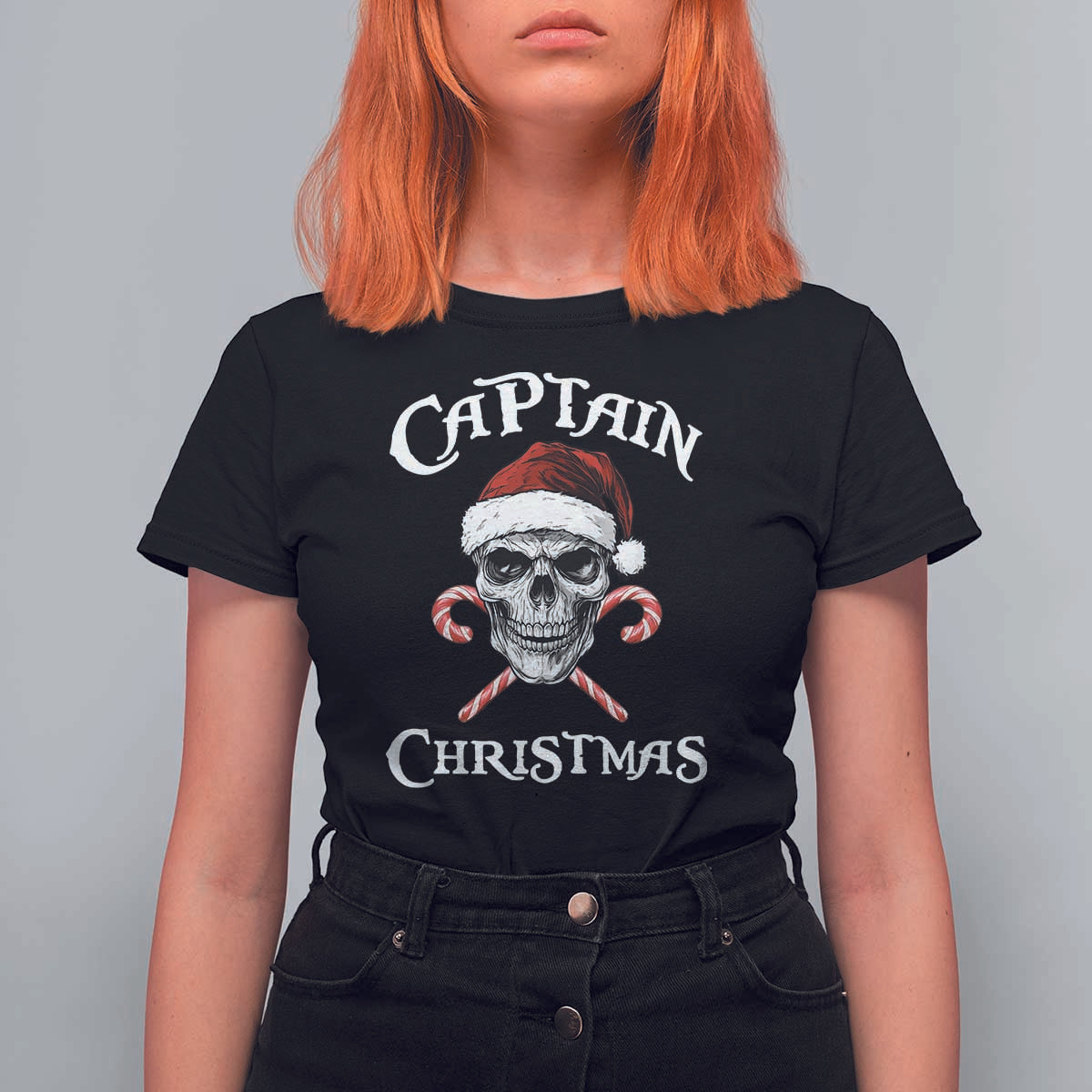 Funny Xmas Pirate Santa T Shirt For Women Captain Christmas Skull Candy Canes - Wonder Print Shop