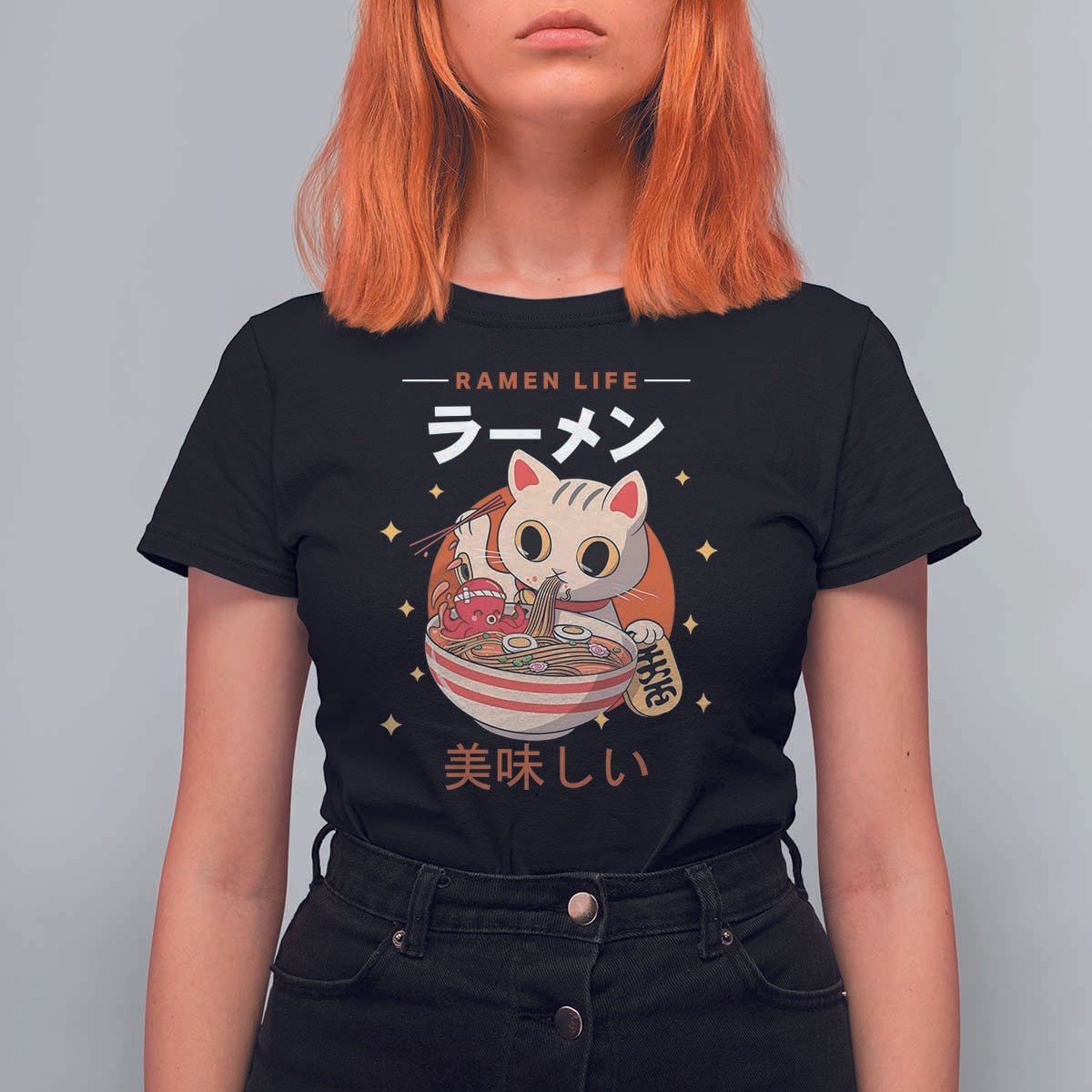 Funny Japanese Kawaii Cat Neko Ramen T Shirt For Women