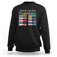 Black crewneck sweatshirt with colorful word-art graphic on back