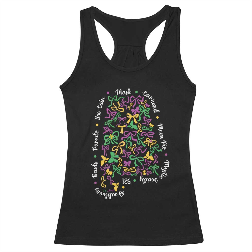 Funny Mardi Gras Alabama Map Coquette Bow Racerback Tank Top Moon Pie Carnival Joe Cain Beads