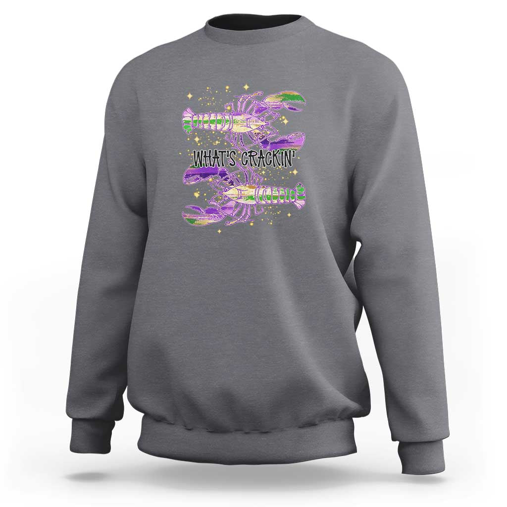 Dark heather crewneck sweatshirt with colorful crawfish graphic