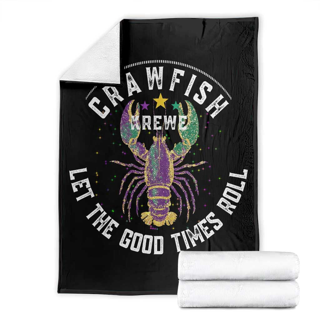 Black throw blanket with colorful crawfish graphic and “Let the Good Times Roll” text