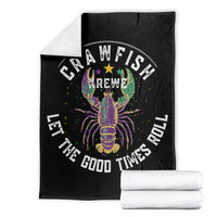 Black throw blanket with colorful crawfish graphic and “Let the Good Times Roll” text