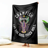 Black throw blanket hung display, featuring a colorful crawfish emblem and “Good Times Roll”