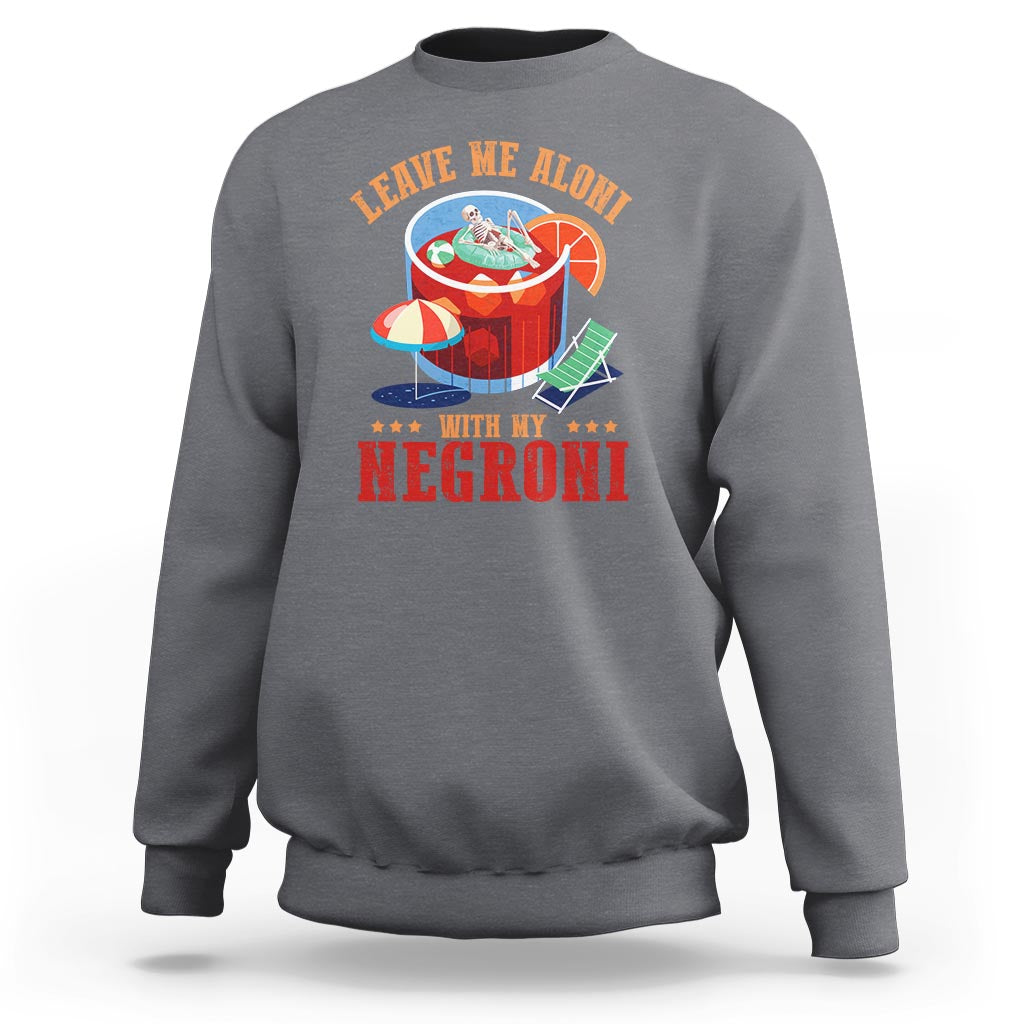 Charcoal gray heather crewneck sweatshirt with colorful Negroni-style drink graphic and text.