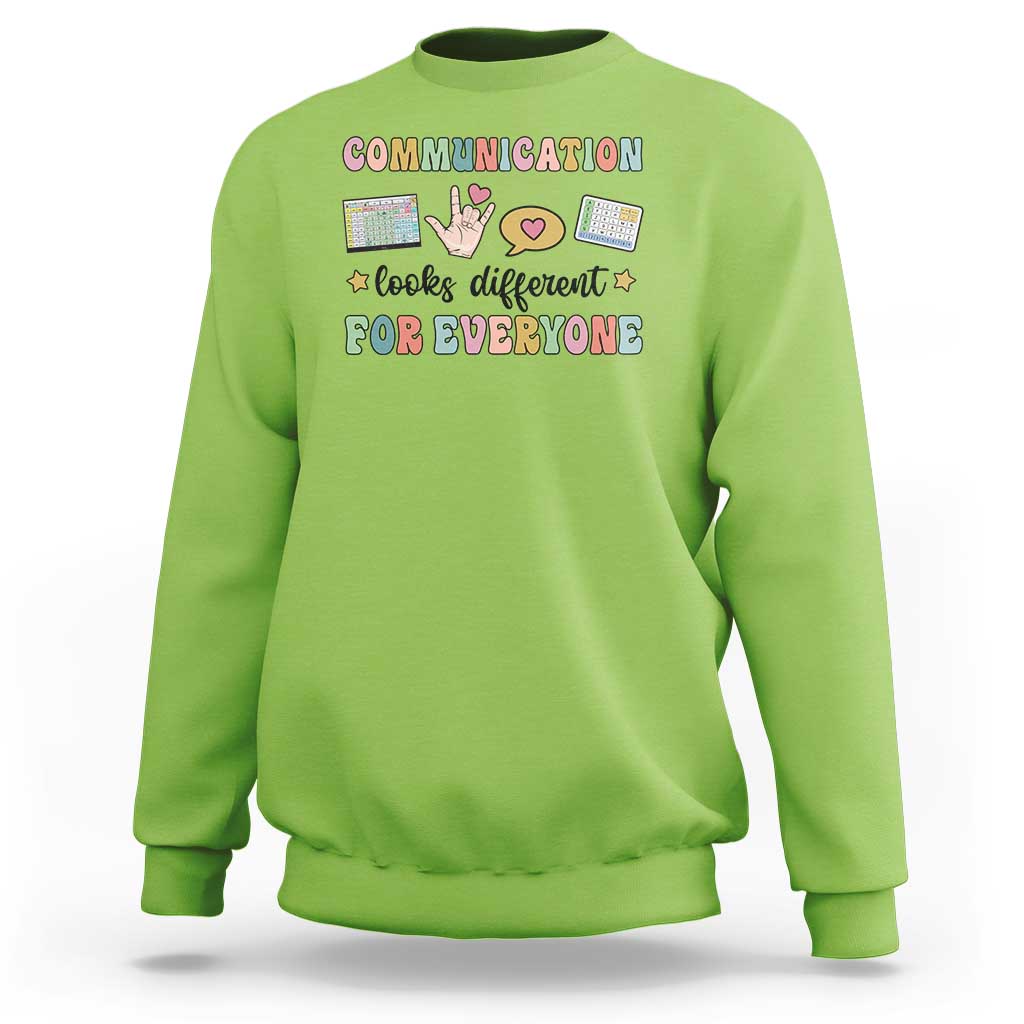 Lime green crewneck graphic sweatshirt with colorful “Communication for everyone” text design