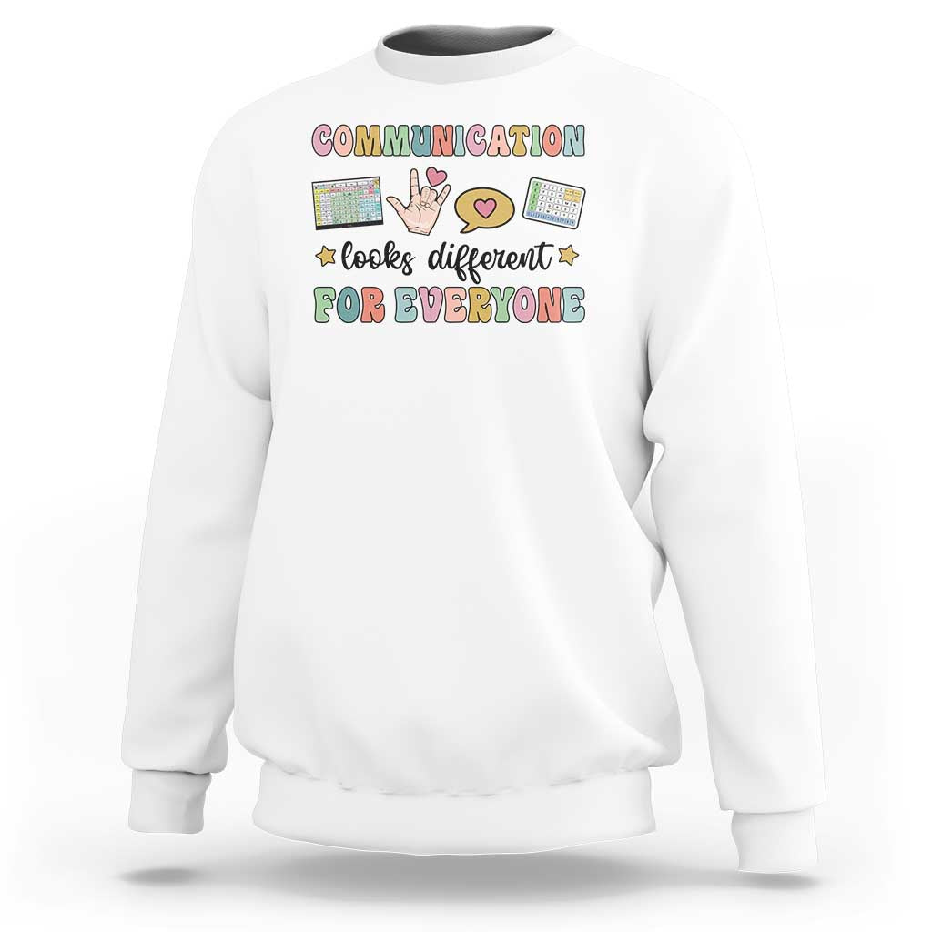 White crewneck graphic sweatshirt with colorful “Communication for everyone” text design