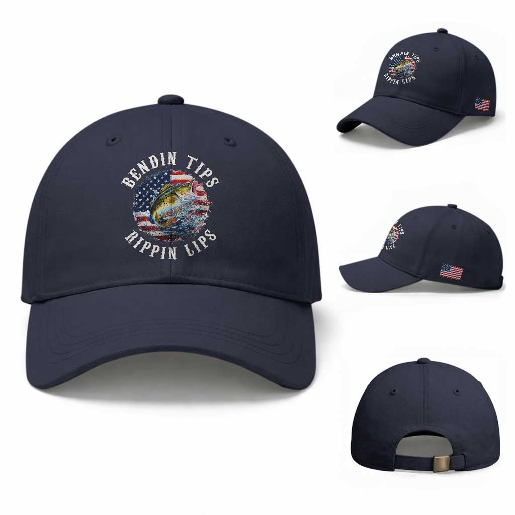 Funny Fishing Baseball Cap Bendin Tips Rippin Lips USA Flag