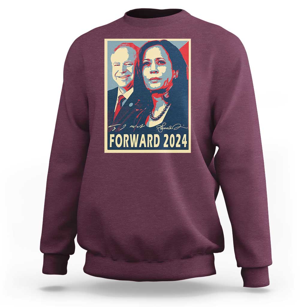 Maroon sweatshirt with “FORWARD 2024” portrait graphic on the back