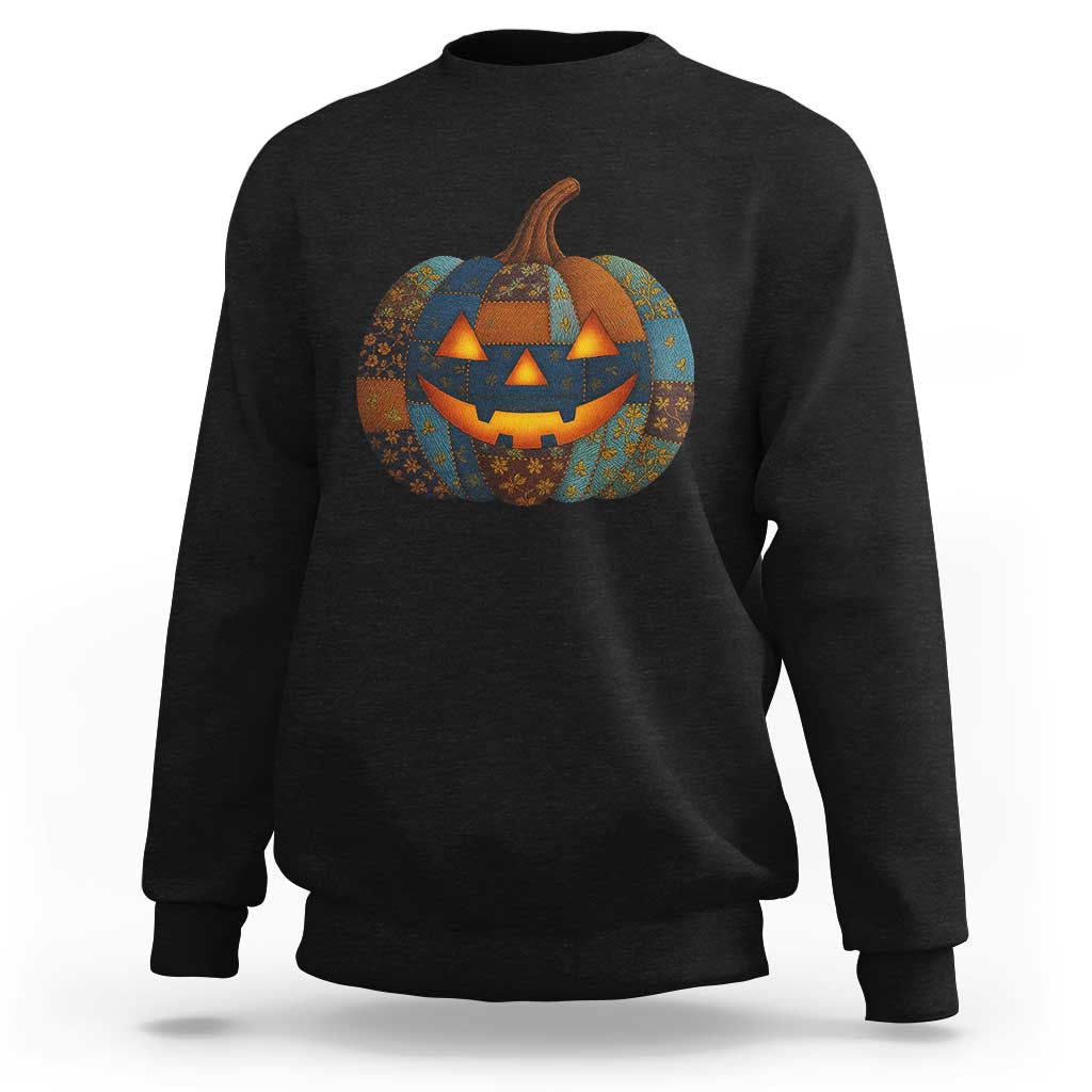 Halloween Blue Denim Patchwork Spooky Pumpkin Sweatshirt - Wonder Print Shop