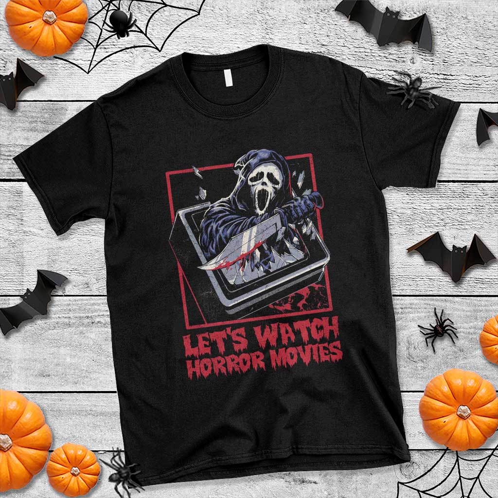 Black Halloween graphic t-shirt with ghost, broken TV, and “Let’s Watch Horror Movies” text