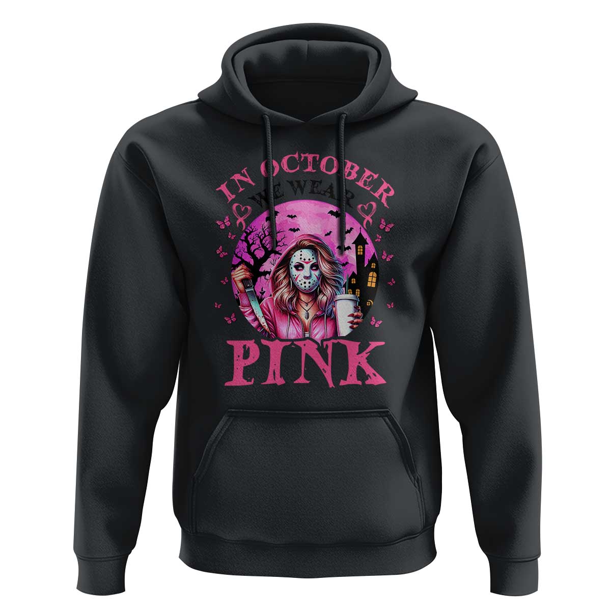 Breast Cancer Awareness Hoodie In October We Wear Pink Halloween Butterfly Bat Murderer - Wonder Print Shop