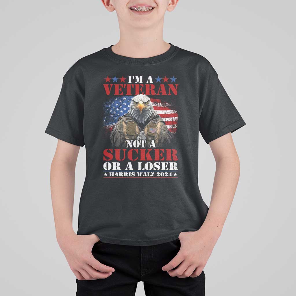 Harris Walz 2024 T Shirt For Kid I'm A Veteran Not A Sucker Or A Loser Eagle American Flag - Wonder Print Shop