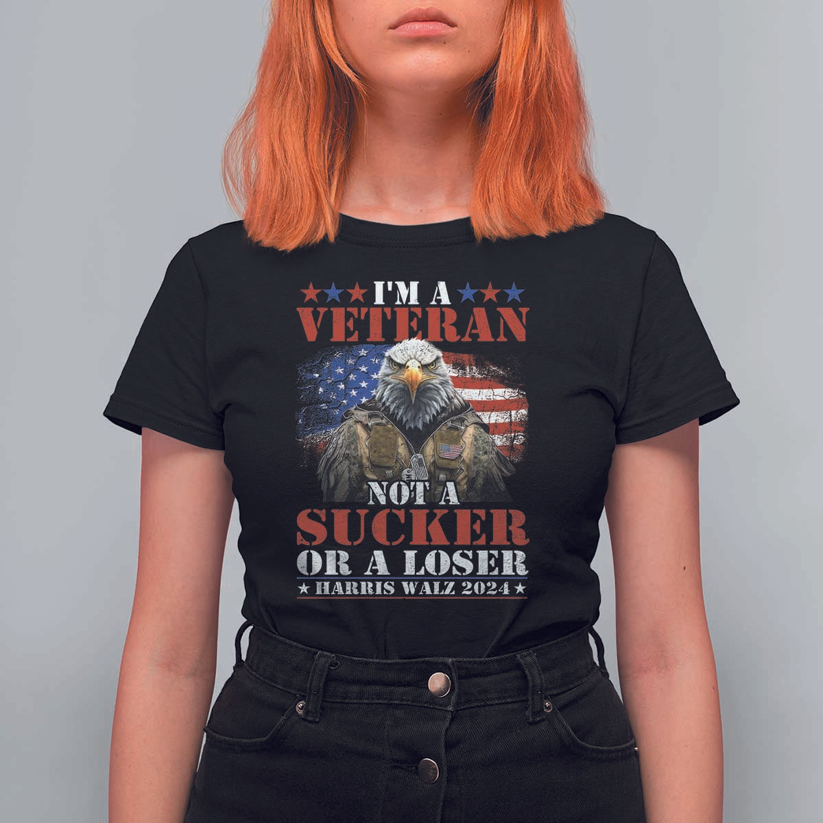 Harris Walz 2024 T Shirt For Women I'm A Veteran Not A Sucker Or A Loser Eagle American Flag - Wonder Print Shop