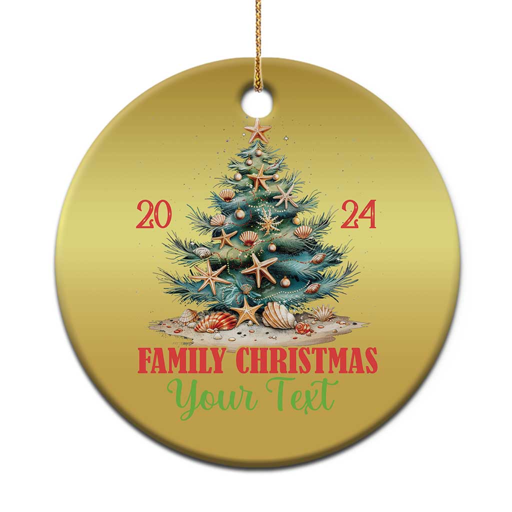 Gold round Christmas ornament with a decorated tree graphic and editable “Your Text” line