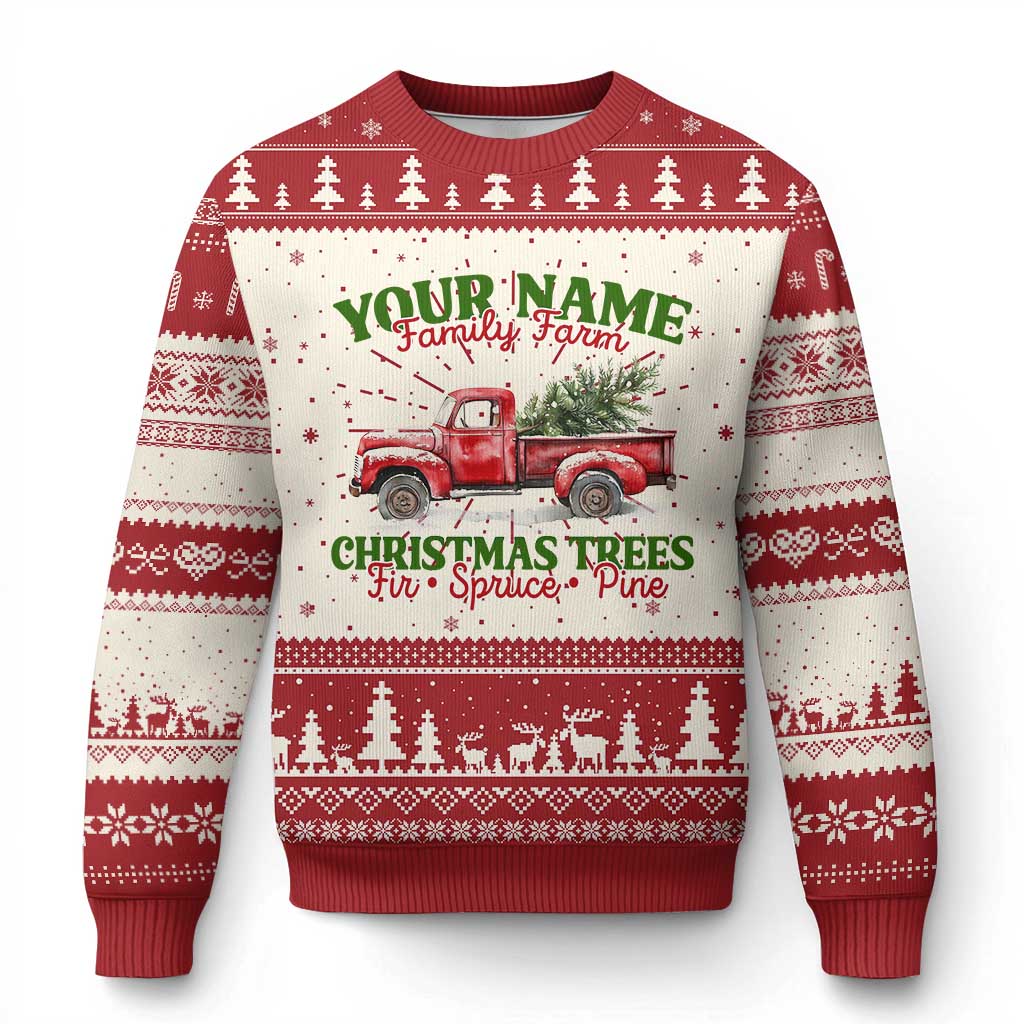 Red custom Christmas sweater with truck, evergreen trees, and bold name text