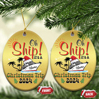 Gold circle ornaments showing “Oh Ship! It’s a Christmas Trip 2024” with personalized name.