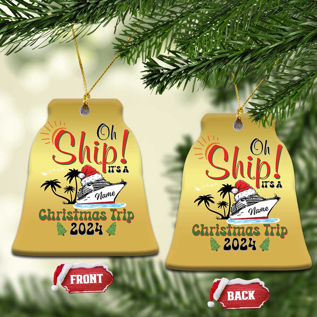 Gold bell-shaped Christmas ornament pair with “Oh Ship! Christmas Trip 2024” and name.
