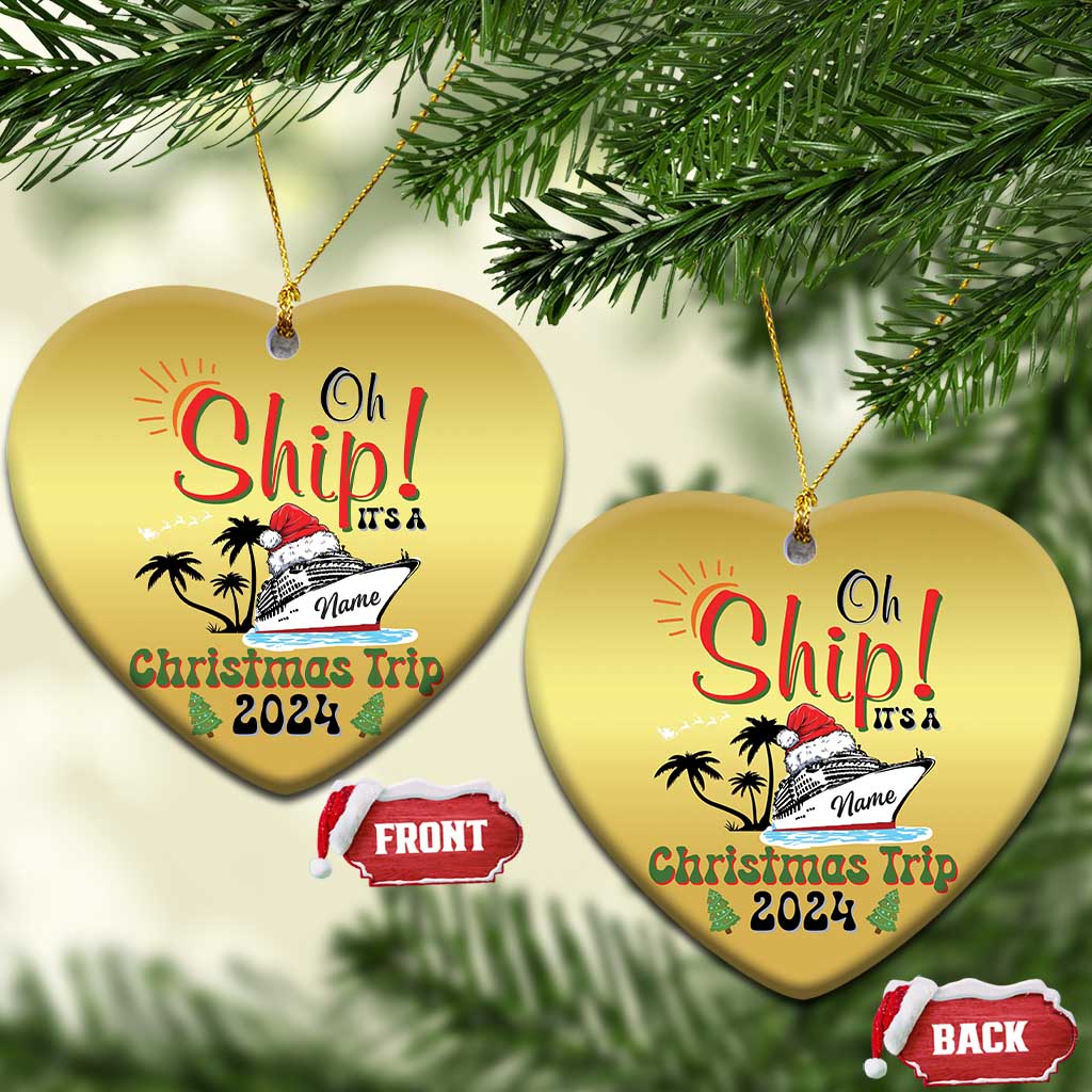 Gold heart-shaped ornaments set with “Oh Ship! Christmas Trip 2024” and personalized name.