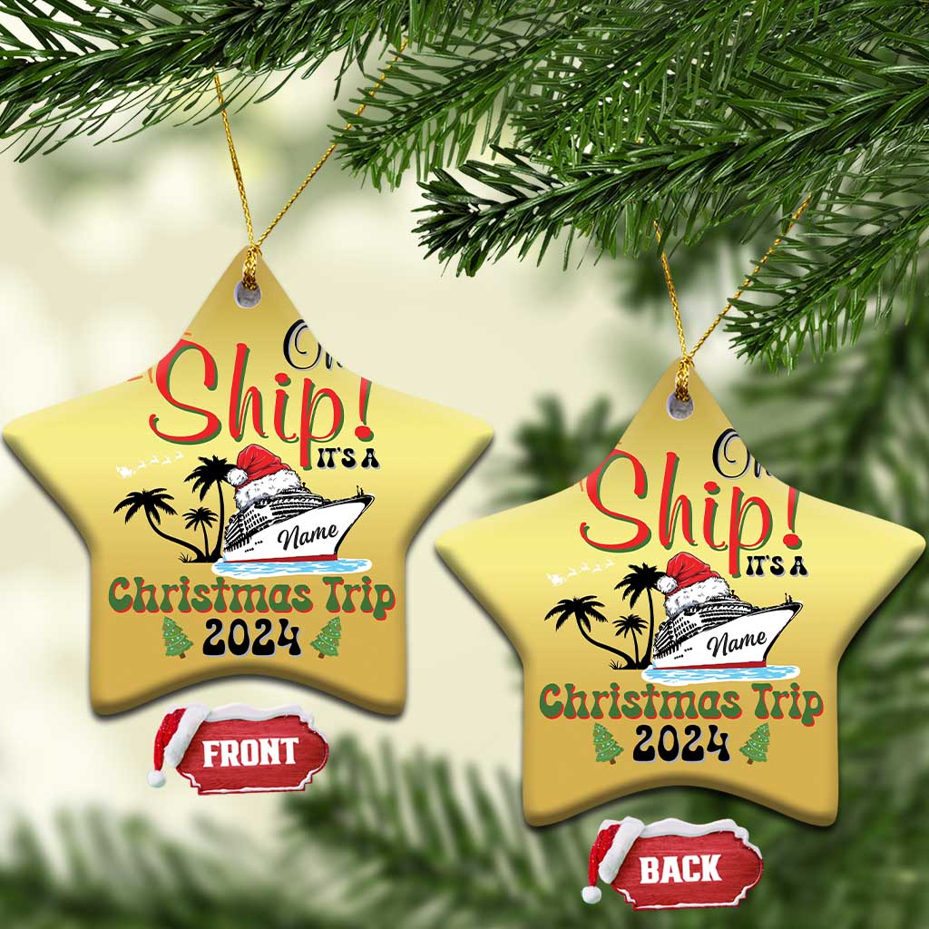 Gold star-shaped Christmas ornaments with “Oh Ship! Christmas Trip 2024” and personalized name.