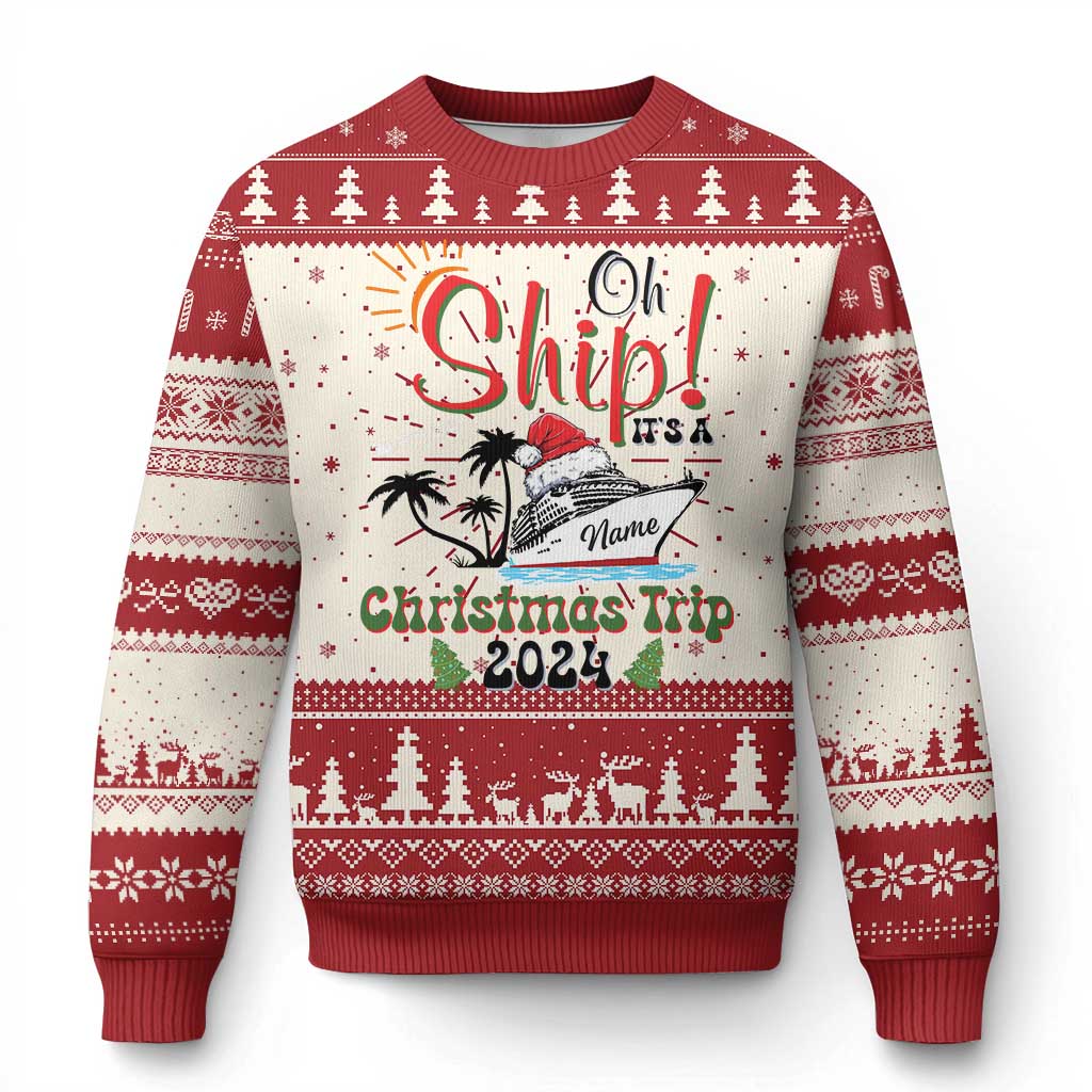 Red and white ugly Christmas sweater with ship graphic and Christmas Trip 2024 lettering