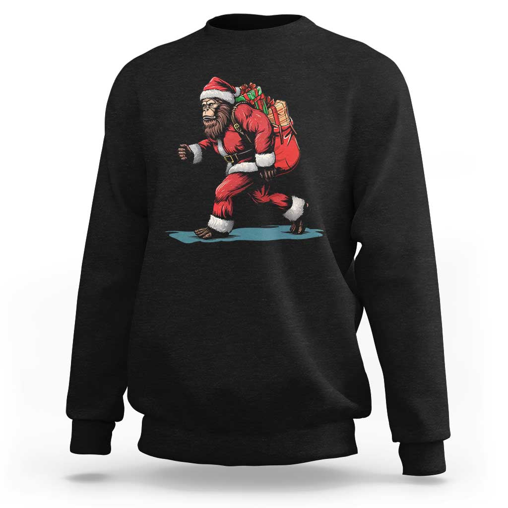 Black crewneck sweatshirt with red Santa-style bigfoot graphic on the front