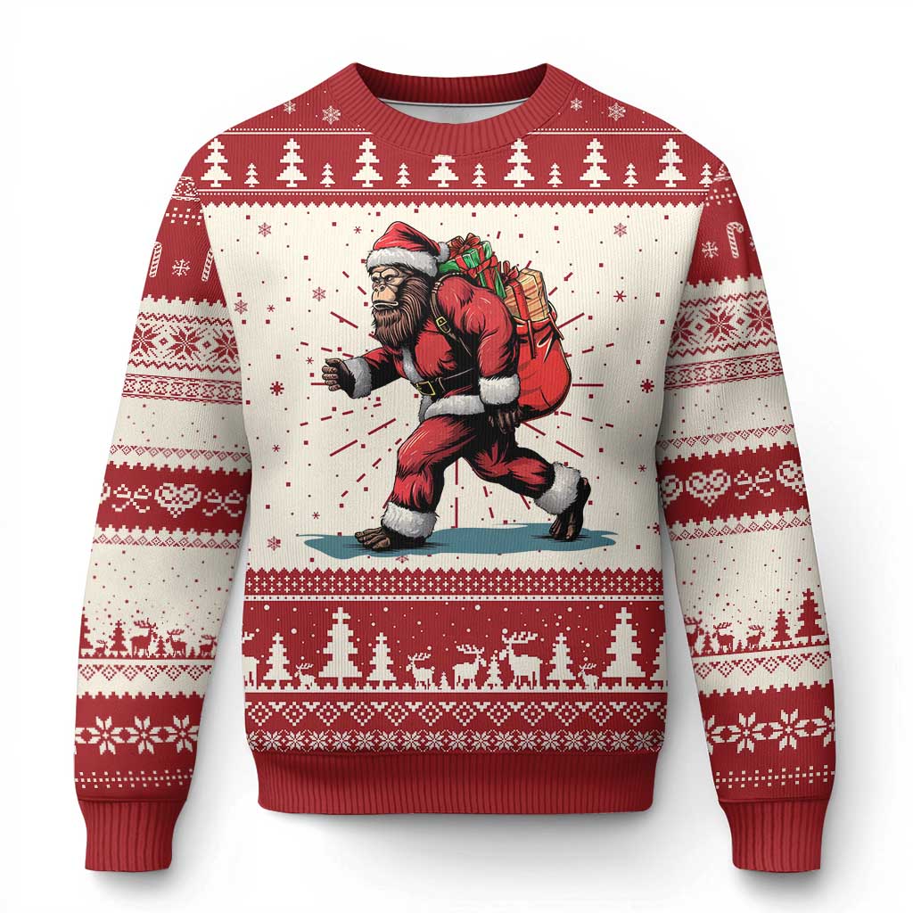 Red and cream knit ugly Christmas sweater with Santa Bigfoot graphic