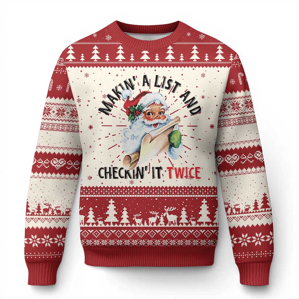 Red and cream ugly Christmas sweater with Santa graphic and 'Checkin it Twice' text