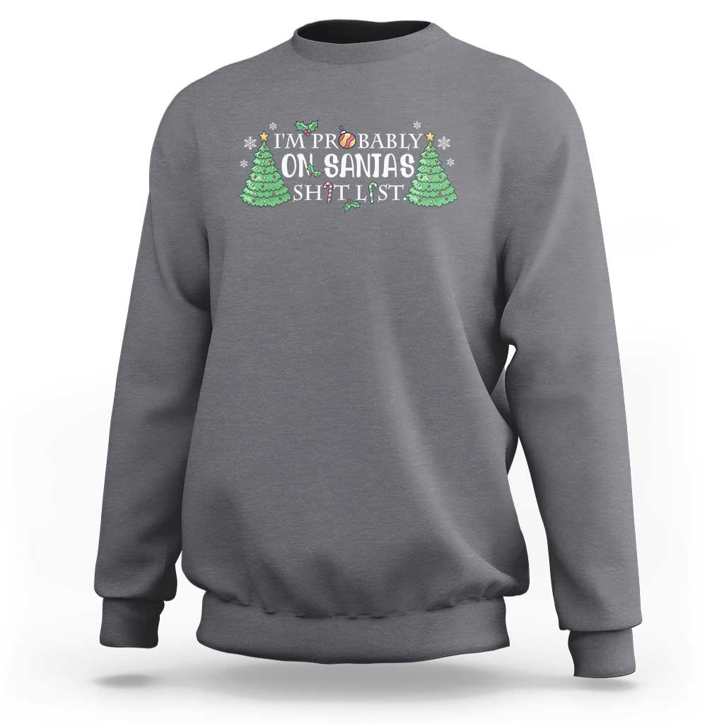 Light gray crewneck sweatshirt with colorful Christmas tree and “Santa’s list” style graphic