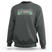 Charcoal gray crewneck sweatshirt with colorful Christmas tree and “Santa’s list” style graphic