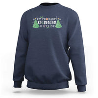 Navy crewneck sweatshirt with colorful Christmas tree and “Santa’s list” style graphic