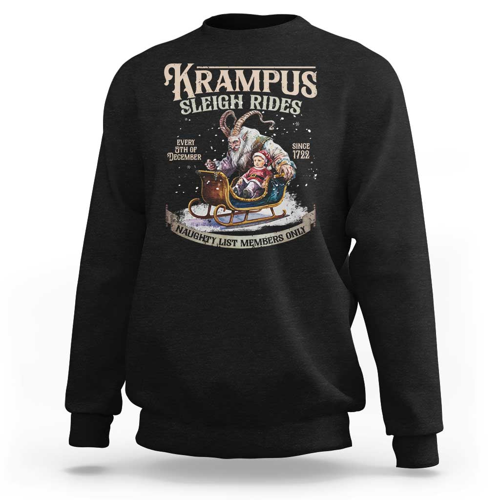 Black pullover sweatshirt with Krampus sleigh rides graphic on front