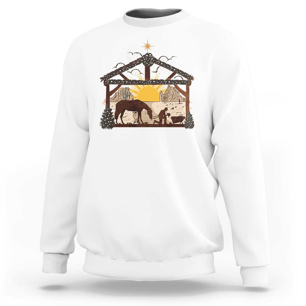 White crewneck sweatshirt with nativity manger cowboy graphic front print.