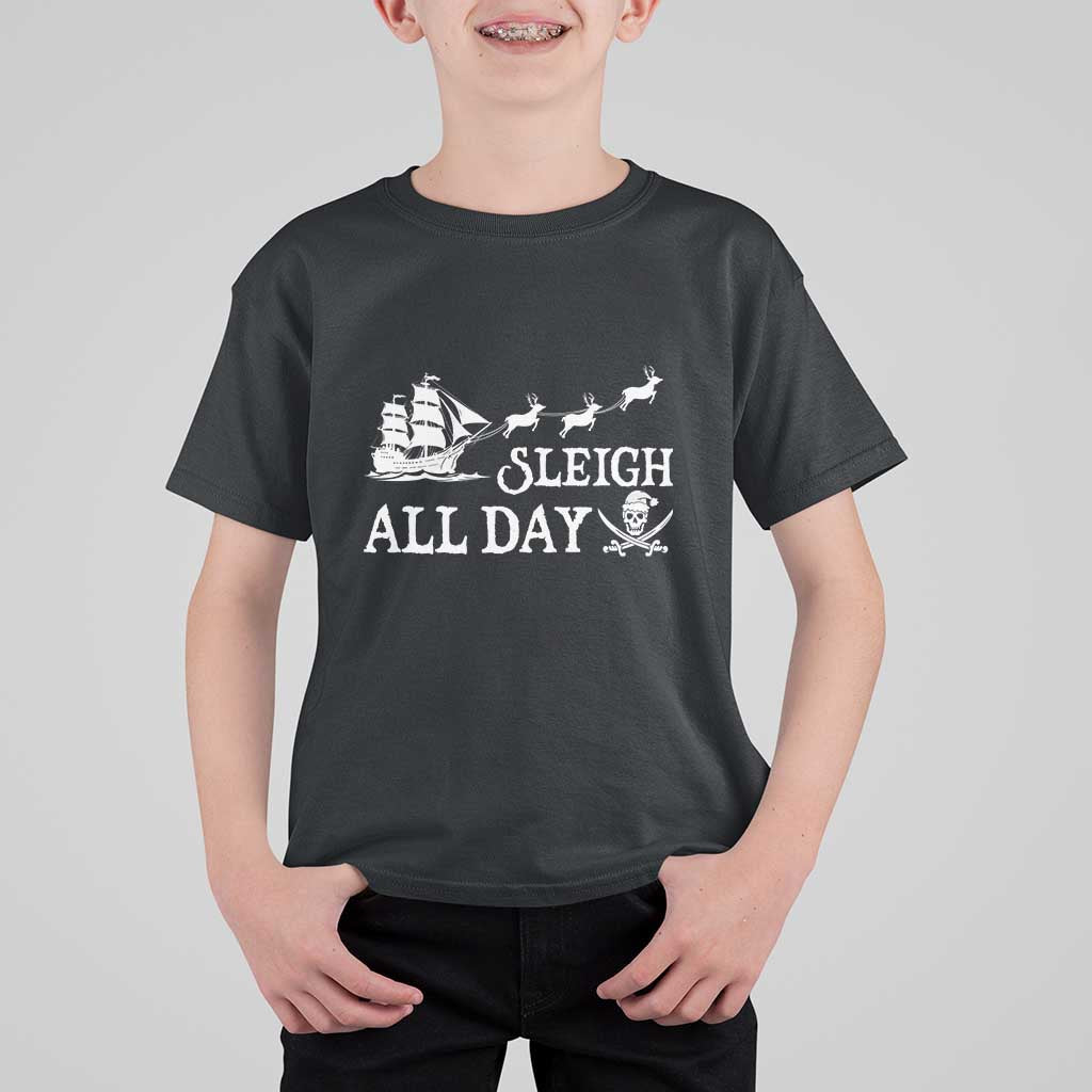 Funny Christmas Pirate T Shirt For Kid Sleigh All Day Pirate Skull Ship - Wonder Print Shop