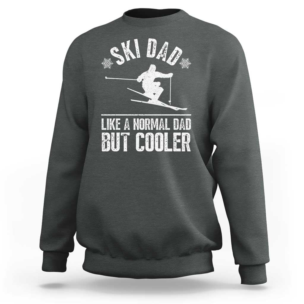 Dark heather gray crewneck sweatshirt with white ski graphic and 'LIKE A NORMAL DAD BUT COOLER' text