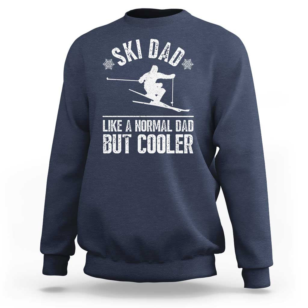 Navy crewneck sweatshirt with white ski graphic and 'LIKE A NORMAL DAD BUT COOLER' text