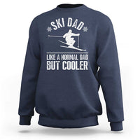 Navy crewneck sweatshirt with white ski graphic and 'LIKE A NORMAL DAD BUT COOLER' text