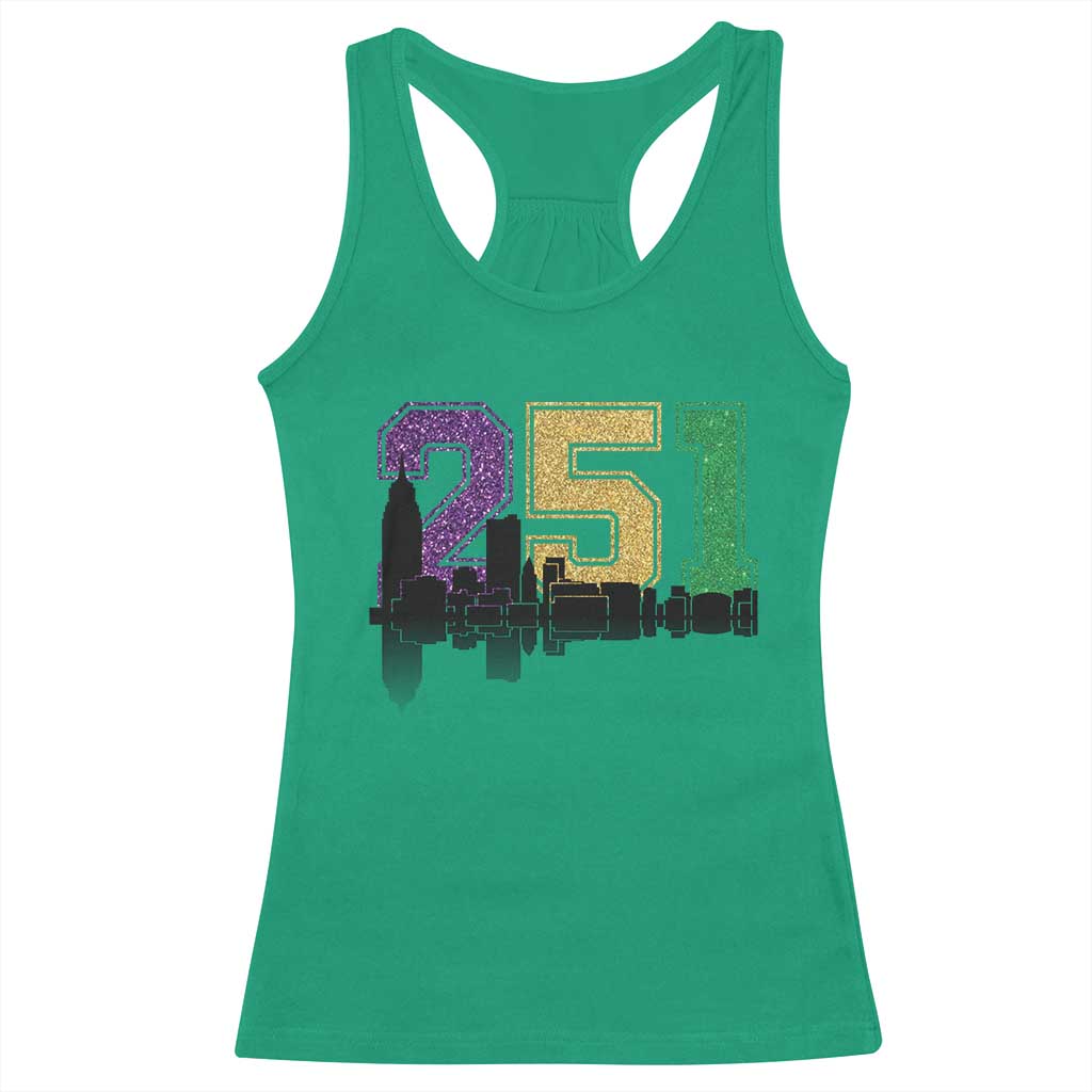 Funny Mardi Gras Mobile Alabama Racerback Tank Top 251 Skyline Area Code Glitter Print