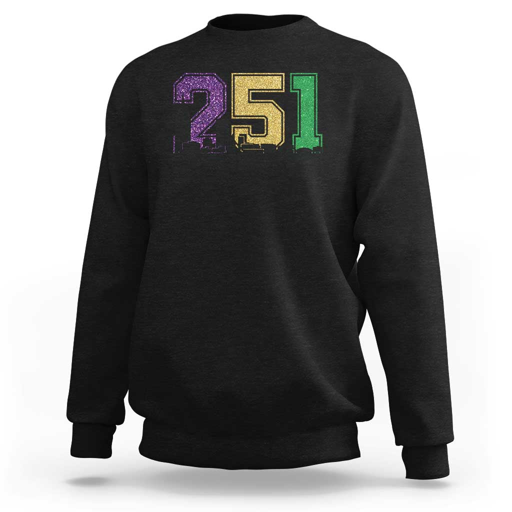 Funny Mardi Gras Mobile Alabama Sweatshirt 251 Skyline Area Code Glitter Print