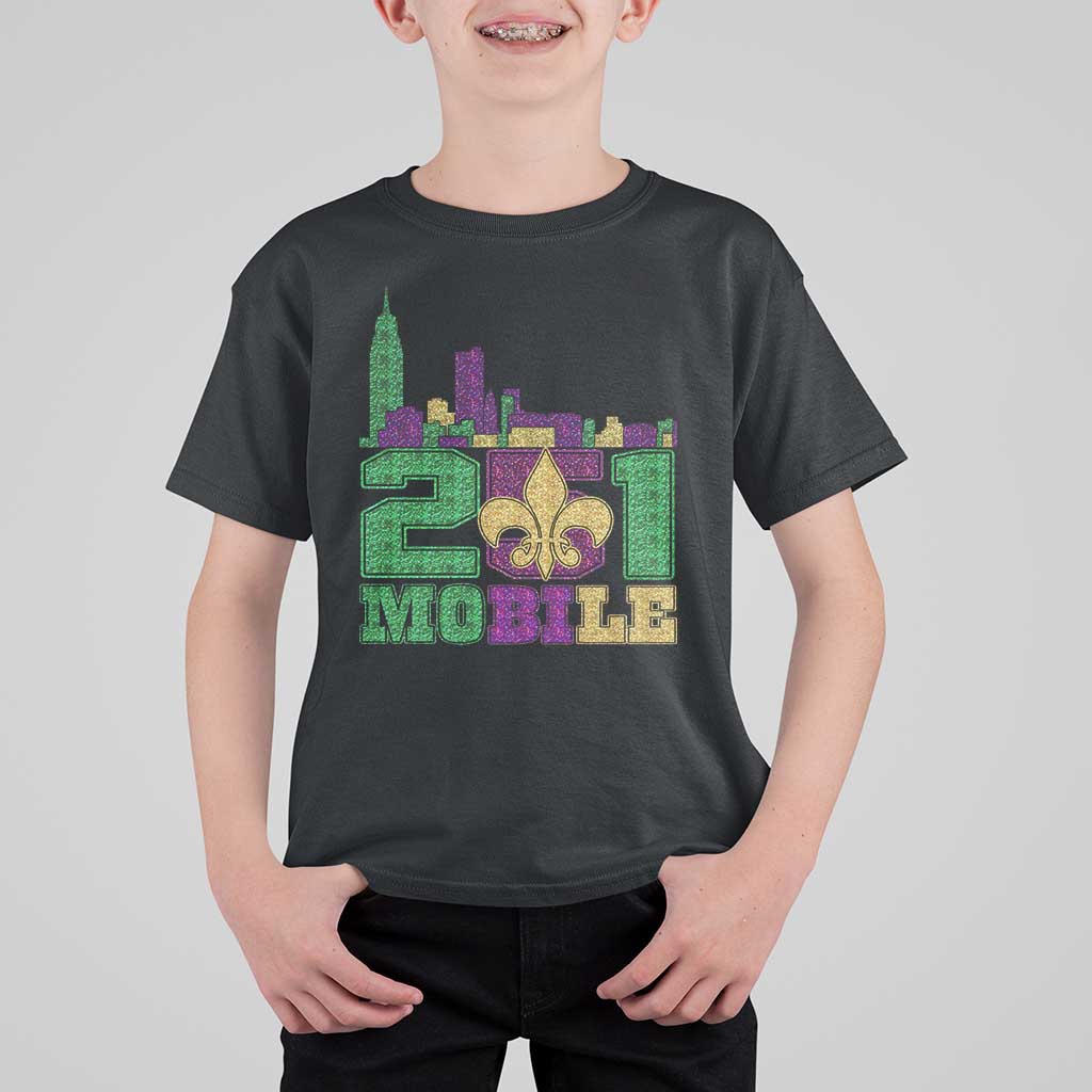 Funny Mardi Gras Mobile Alabama 251 T Shirt For Kid Skyline Area Code Glitter Print