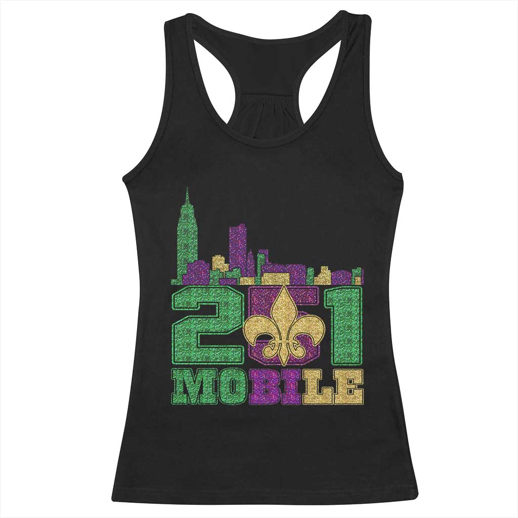 Funny Mardi Gras Mobile Alabama 251 Racerback Tank Top Skyline Area Code Glitter Print