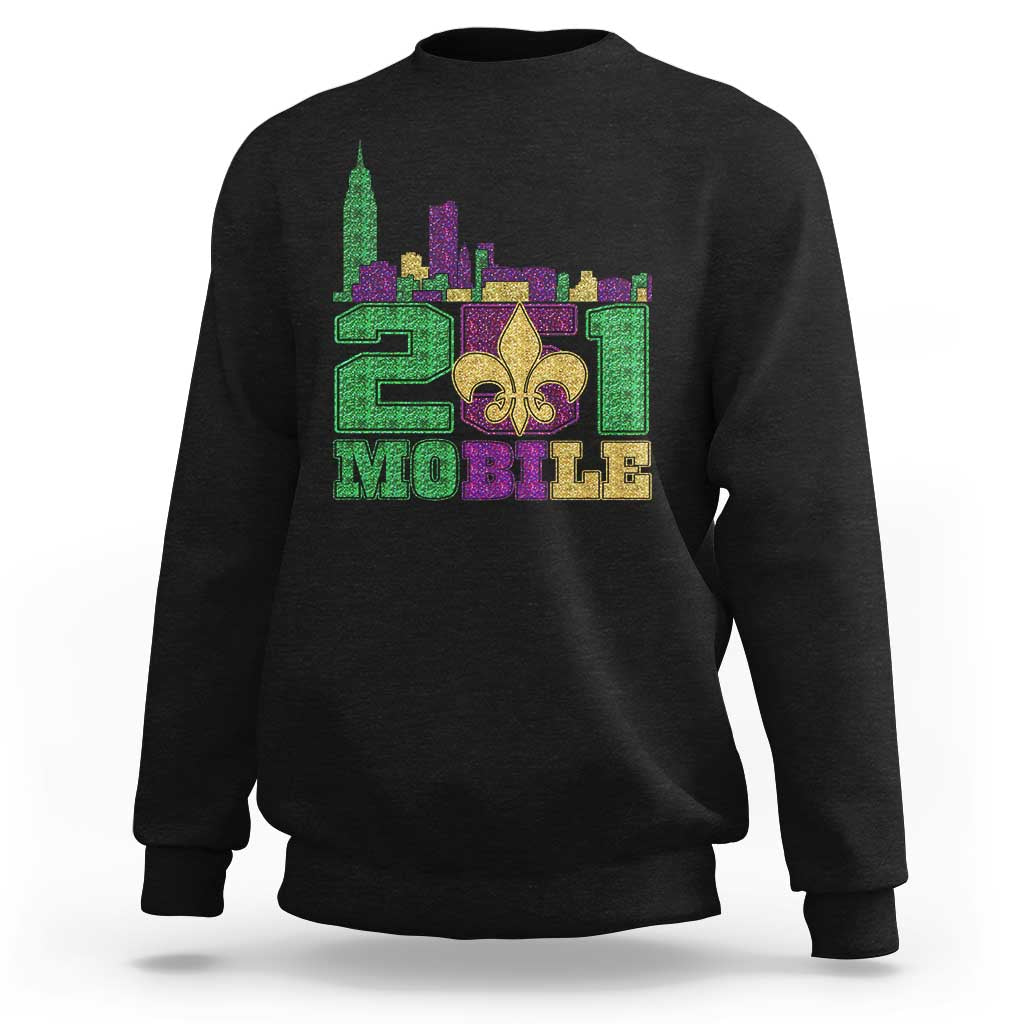 Funny Mardi Gras Mobile Alabama 251 Sweatshirt Skyline Area Code Glitter Print